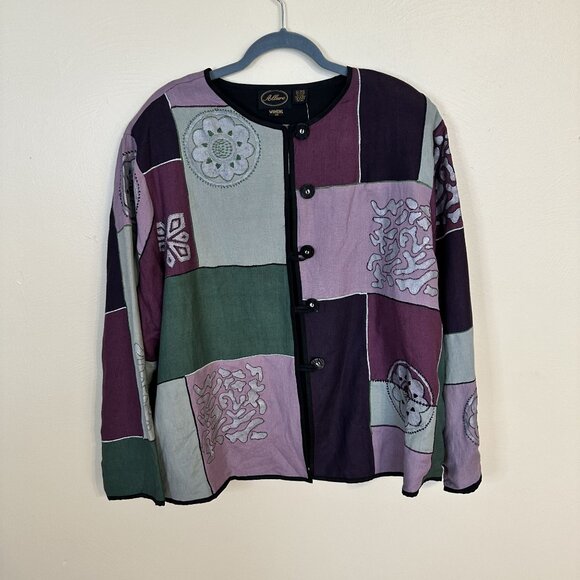 Boho Patchwork Button Up Jacket Womens 3X Rayon & Cotton Purple Embroidered - Picture 8 of 8